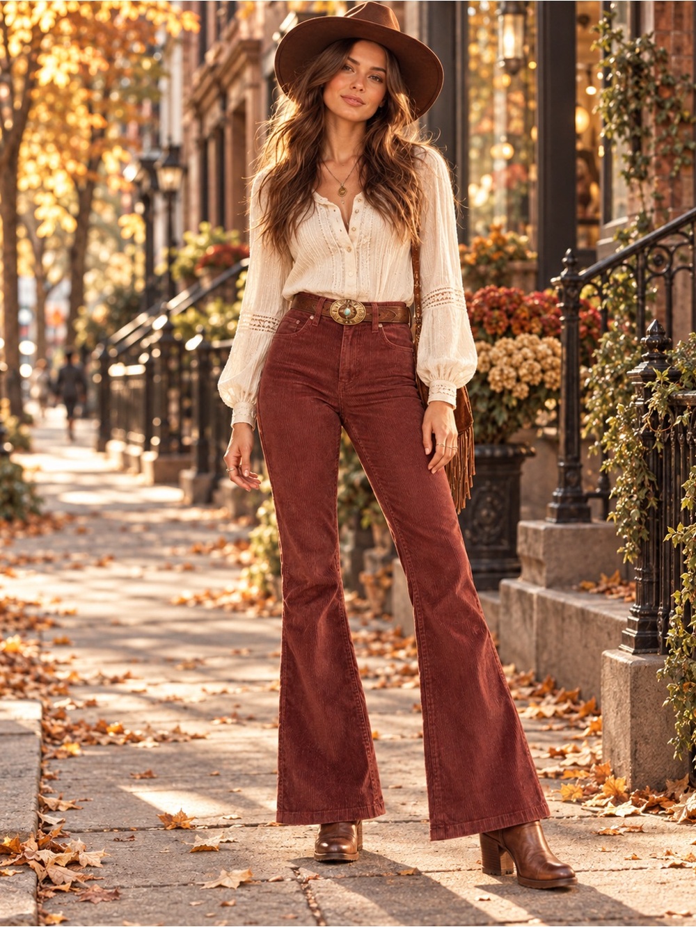 Wrangler High Rise Corduroy Flare Trouser Pants Rust Burgundy 25x34